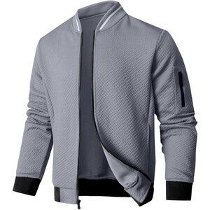 Men's Bomber Jacket Gray Casual Loose Fit Lightweight Long Sleeves
